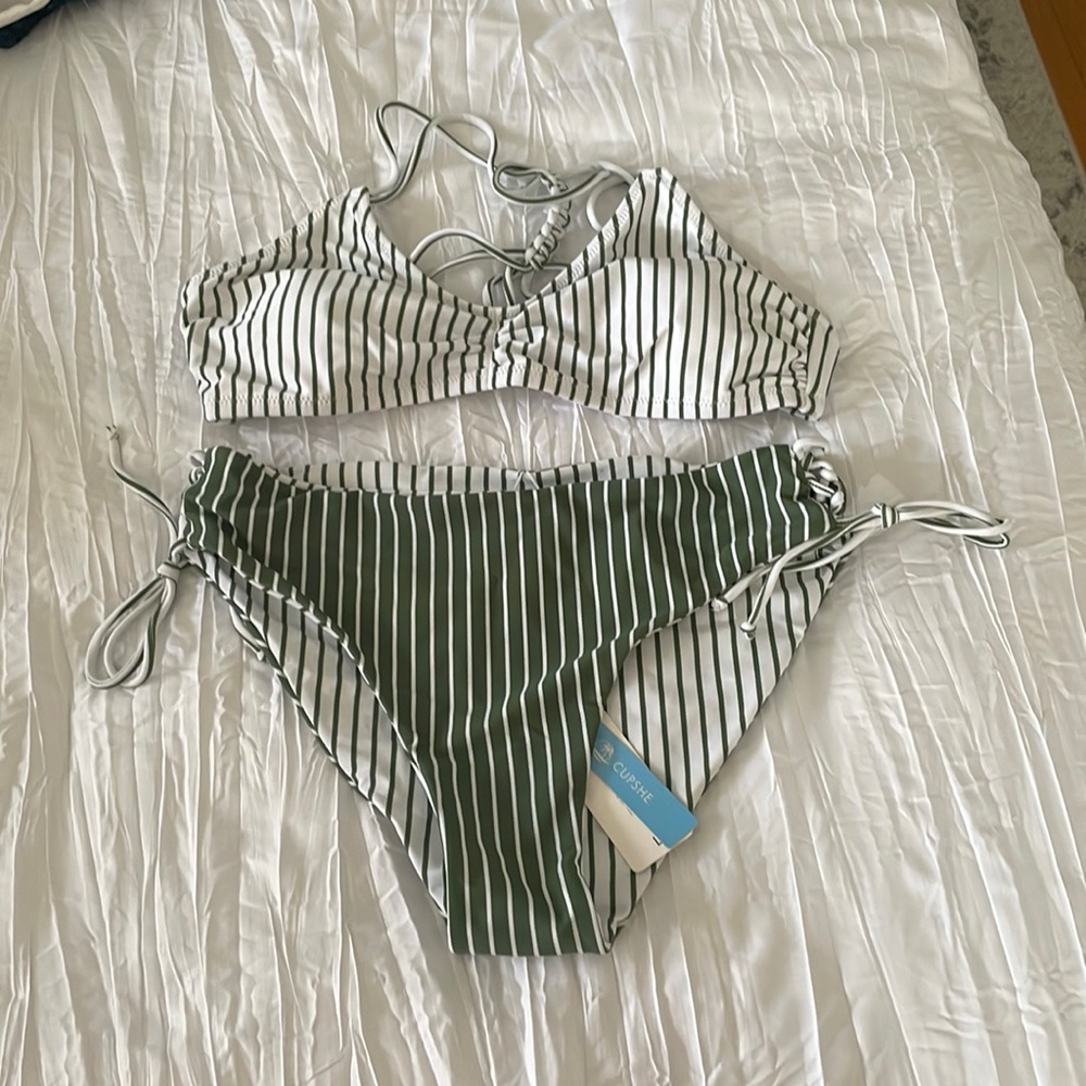 Green and white stripped bikini with reversible bottom